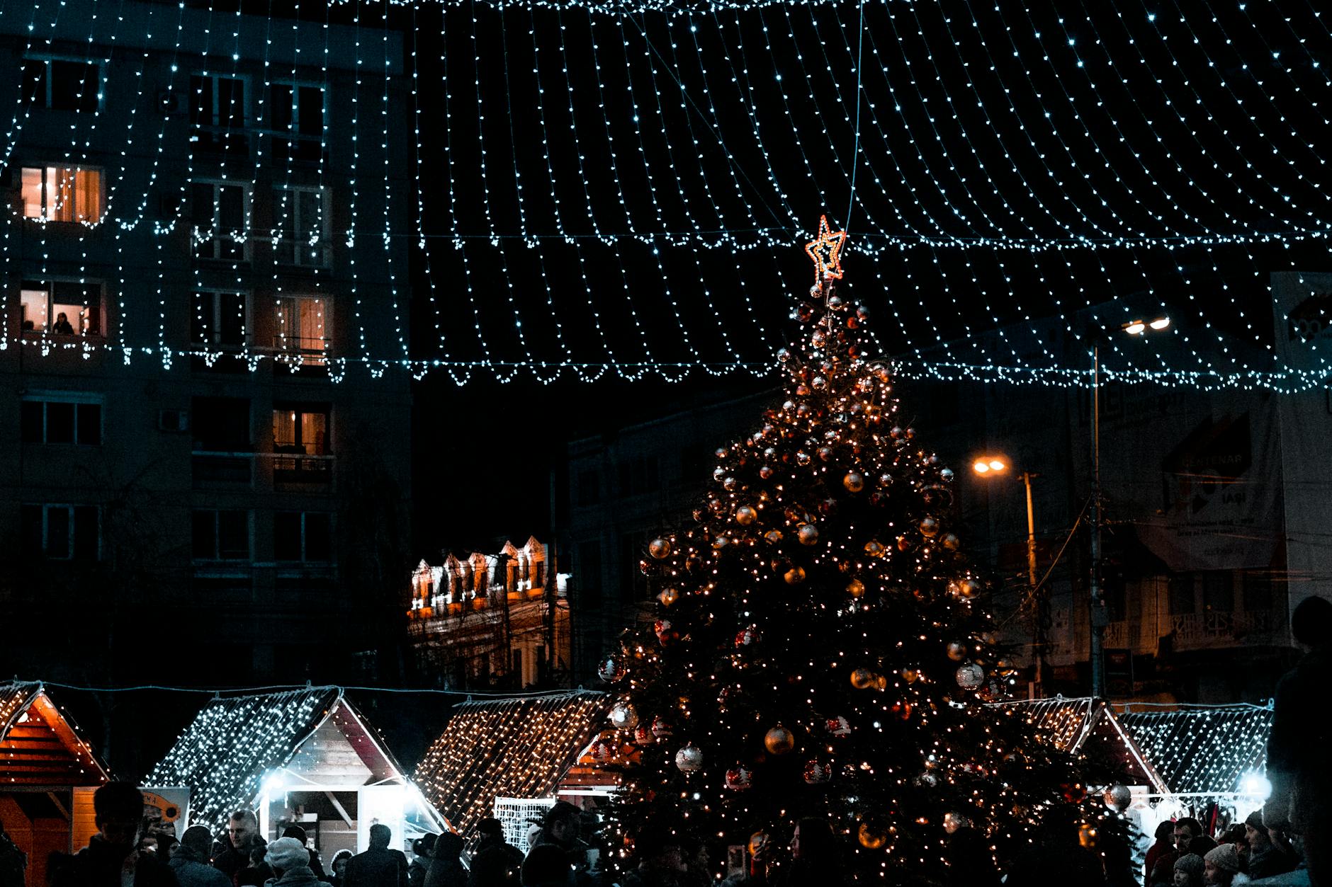 Beautifully decorated Christmas market in Iași, Romania at night, featuring a large Christmas tree and festive lights.