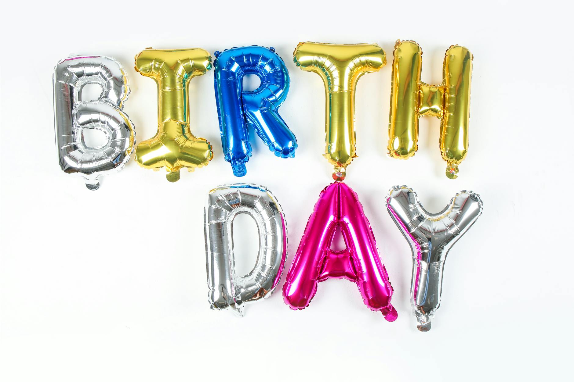 Festive metallic balloon letters spelling "BIRTHDAY" on a white background, perfect for celebrations.